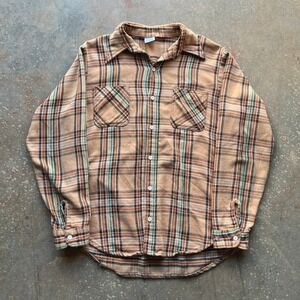VTG 70s Big Mac Plaid Flannel Shirt Brown Green Black Long Sleeve Mens L Tall